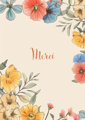 Illustration avec un fond beige décoré de fleurs colorées, notamment des hibiscus, des pensées et d'autres variétés.