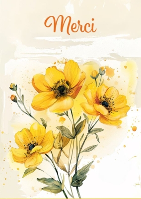Bouquet de fleurs jaunes, comprenant plusieurs fleurs avec des pétales larges et arrondis, s'élevant sur des tiges vertes. En arrière-plan, une touche d'aquarelle aux nuances douces.