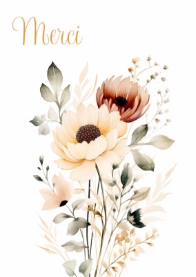Illustration d'un bouquet de fleurs délicates, comprenant des tournesols de couleur crème et une fleur rouge foncé, entourées de feuillages verts et de petites fleurs blanches.