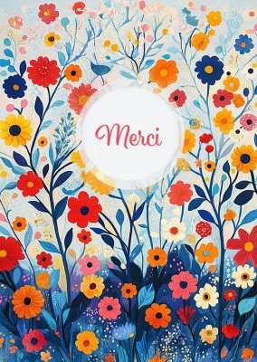 Illustration colorée représentant un jardin de fleurs variées, incluant des fleurs rouges, jaunes, oranges et bleues. Au centre de l'image, un cercle blanc contient le mot Merci.