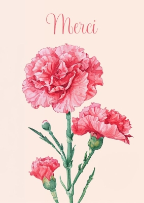 Illustration de fleurs de œillet (carnation) en aquarelle, présentant trois fleurs de couleur rose, dont une grande et deux plus petites. En haut de l'image, le mot Merci est écrit en lettres élégantes sur un fond pastel clair.