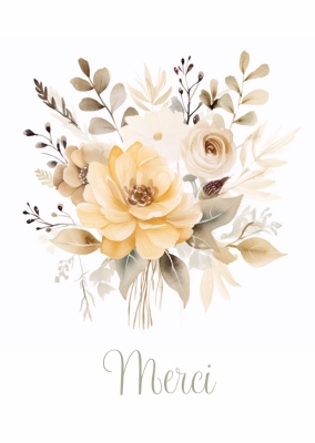 Illustration florale délicate composée de plusieurs fleurs dans des tons de jaune et de crème, accompagnée de feuillage vert.