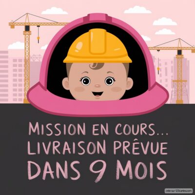 Carte virtuelle annonçant une grossesse, avec un bébé souriant dans un casque de chantier. Texte : Mission en cours... Livraison prévue dans 9 mois.