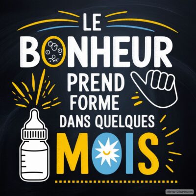 Annonce de grossesse avec inscription colorée Le bonheur prend forme dans quelques mois et des illustrations joyeuses.