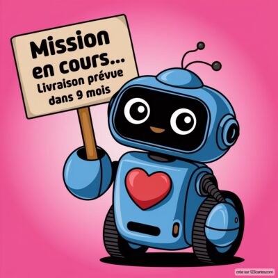 Un robot souriant tient une pancarte annonçant une grossesse avec le texte : Mission en cours... Livraison prévue dans 9 mois.
