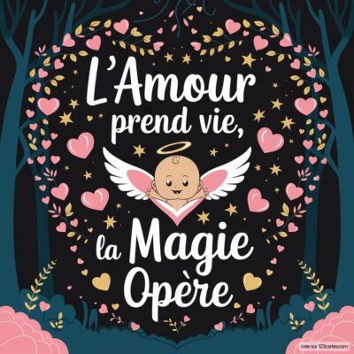 Carte virtuelle annonçant une grossesse, avec un bébé aux ailes d'ange et des cœurs, le texte exprime l'amour et la magie de la vie.