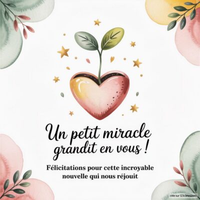 Carte de félicitations avec un cœur, une pousse et des décorations florales. Texte : 