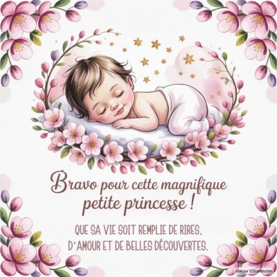 Carte virtuelle de félicitations pour la naissance d'une fille : un bébé dormant paisiblement entouré de fleurs et d'étoiles.