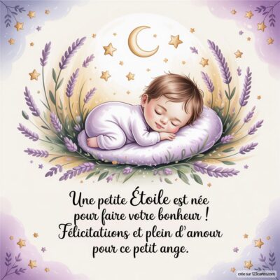 Image d'une carte de félicitations avec un bébé endormi sur un coussin, entouré d'étoiles et de fleurs, accompagnée d'un message doux.