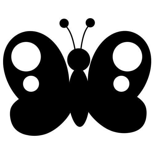 Silhouette papillon stylisé avec des ailes symétriques. Les ailes présentent des cercles blancs. Le papillon est orienté de face, avec deux antennes visibles sur le dessus de sa tête.