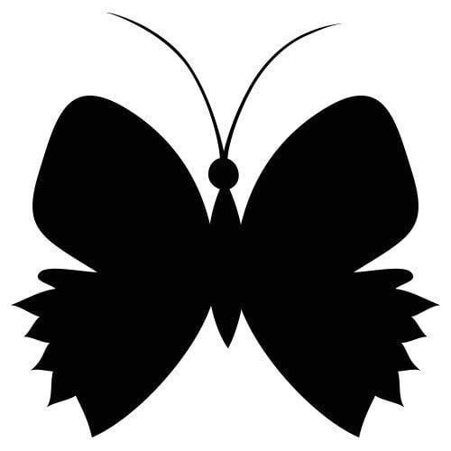Silhouette papillon, avec des ailes déployées et une forme symétrique. Les antennes sont visibles en haut de la tête, et les contours des ailes présentent des détails stylisés.