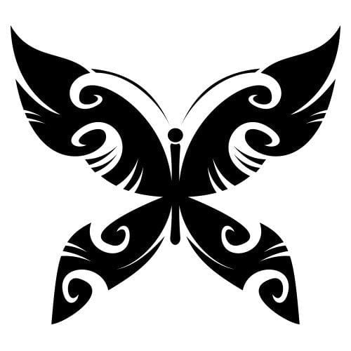 Silhouette papillon aux ailes ornées de motifs sinueux et élégants.