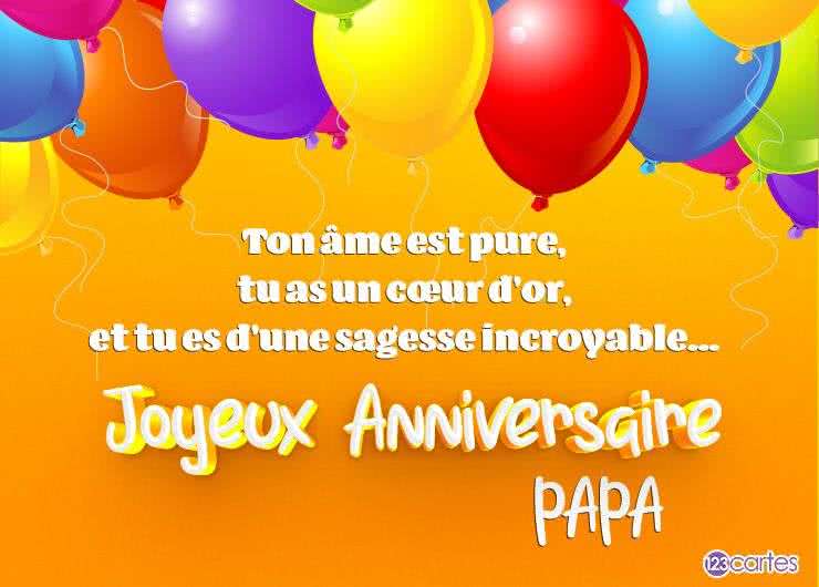 Carte d'anniversaire colorée avec des ballons multicolores et texte affectueux « Joyeux Anniversaire Papa » sur fond orange vibrant.