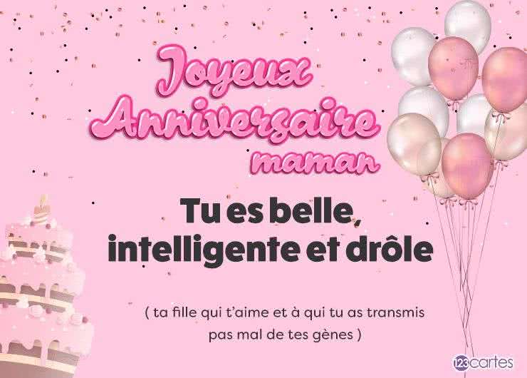 Carte d'anniversaire rose pour maman avec texte en lettres roses, gâteau à étages à gauche et ballons rose-doré à droite.