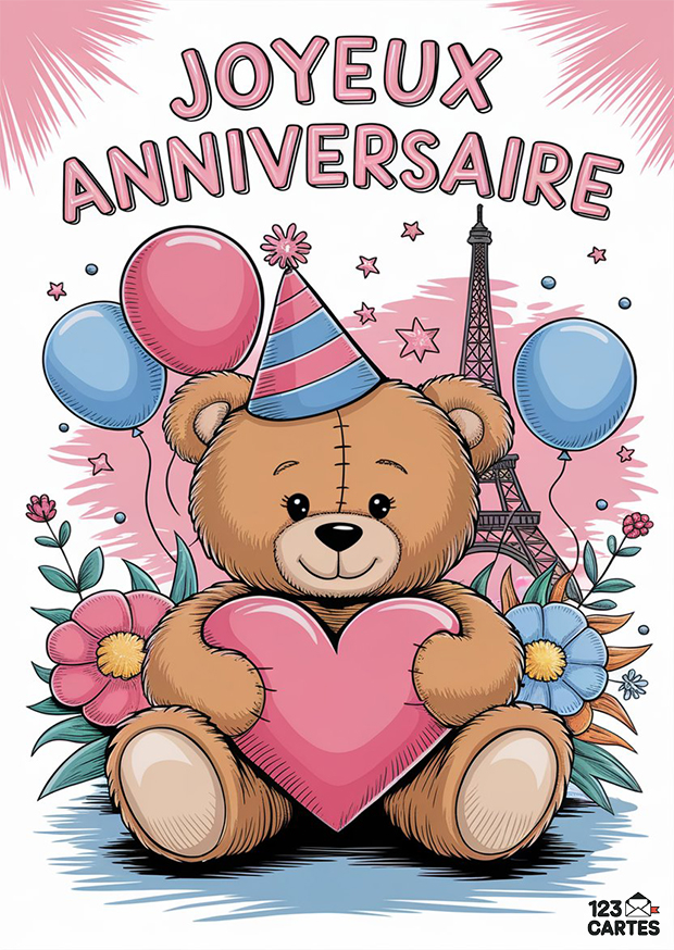 Ours en peluche tenant un cœur rose, entouré de ballons et de fleurs devant la Tour Eiffel, texte Joyeux Anniversaire en haut.