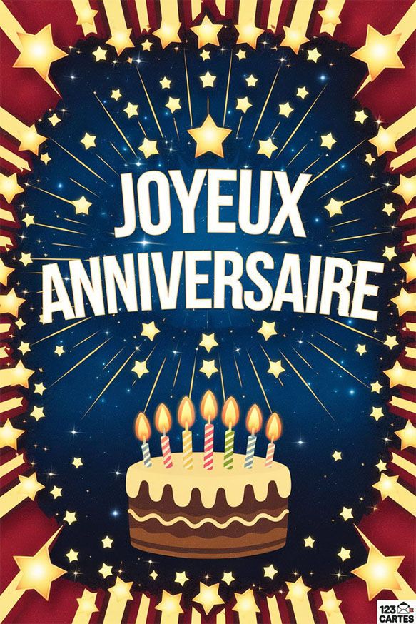 Carte d'anniversaire festive avec un gâteau et bougies, entourée d'étoiles dorées. Texte Joyeux Anniversaire.
