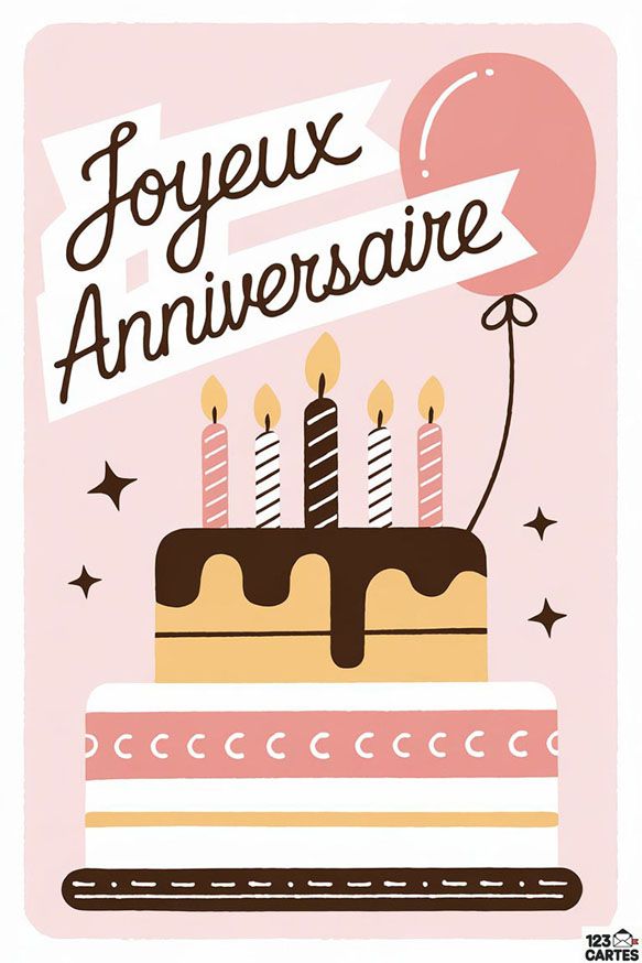 Carte d'anniversaire festive avec gâteau chocolat, bougies colorées et ballon rose. Joyeux anniversaire en écriture élégante.