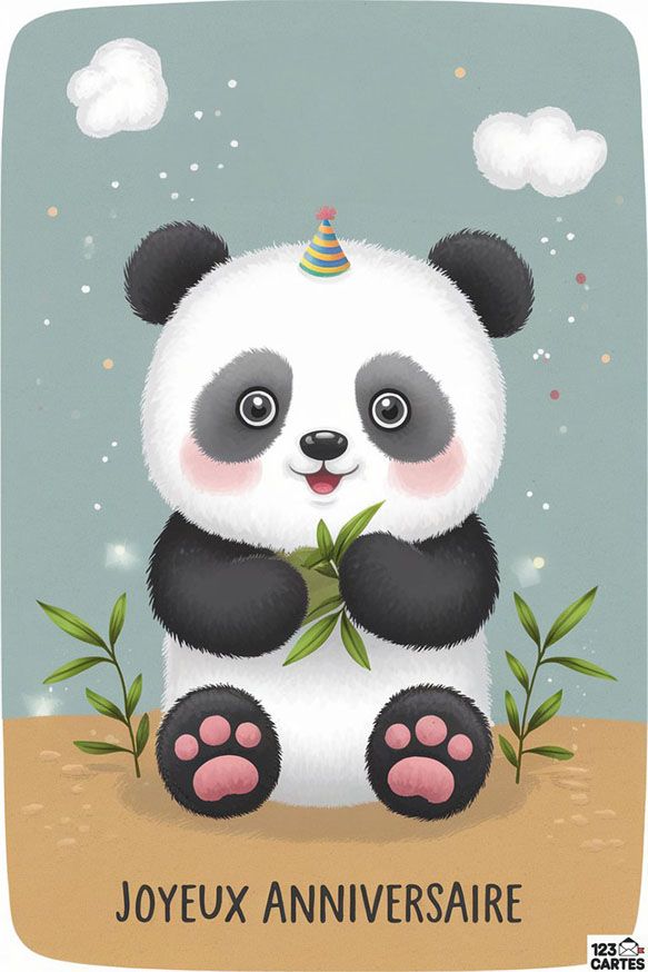 Carte anniversaire panda mignon avec chapeau, fond pastel et texte « Joyeux Anniversaire ». Parfaite pour enfants.