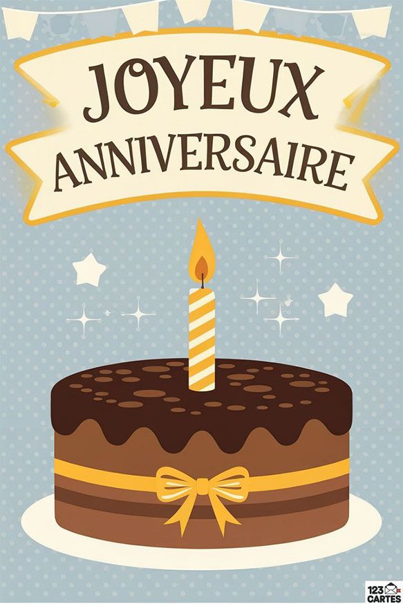 Carte d'anniversaire vintage avec gâteau chocolat et bougie, décorée de bannières et étoiles sur fond bleu.