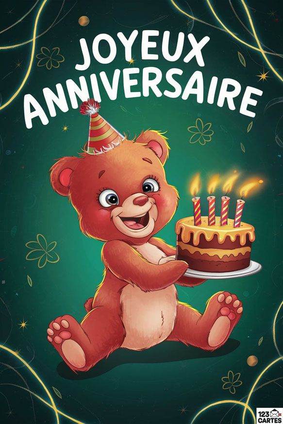 Ours joyeux avec gâteau d'anniversaire et chandelles sur fond festif. Carte mignonne pour célébrer un joyeux anniversaire.