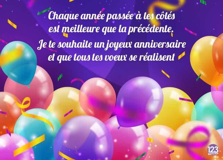 Ballons colorés sur fond violet avec confettis et texte de vœux d'anniversaire en blanc au centre.