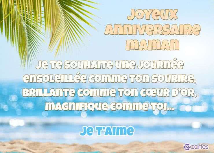 Carte d’anniversaire pour maman avec texte affectueux sur fond de plage, ciel bleu et palmiers. Texte : Joyeux anniversaire maman.
