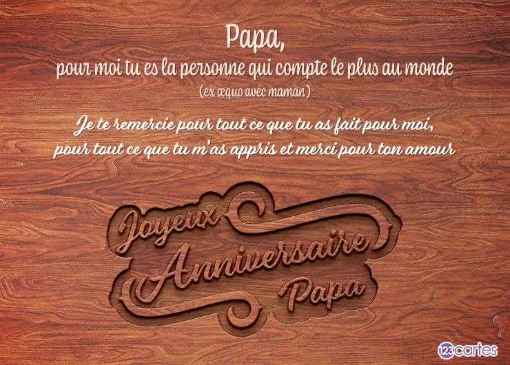 Carte d'anniversaire sur fond en bois avec texte en hommage à un père, mentionnant amour et gratitude. Joyeux Anniversaire Papa.