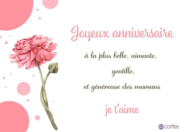 Carte d'anniversaire pour maman avec une fleur rose aquarelle et texte « Joyeux anniversaire, je t'aime » sur fond blanc.