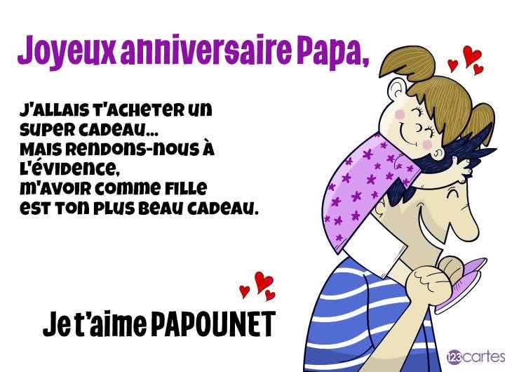 Carte d'anniversaire avec un père portant sa fille souriante sur ses épaules, message humoristique en violet et noir.