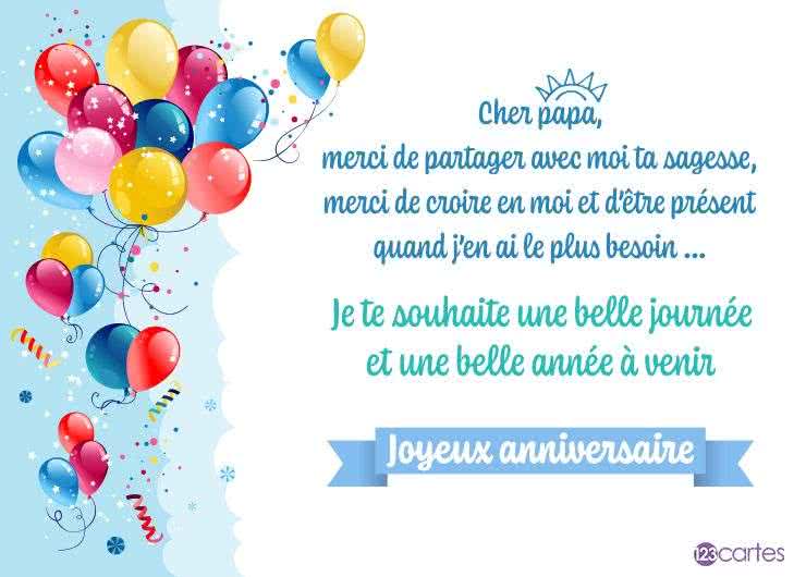 Carte d'anniversaire avec ballons colorés à gauche et texte en bleu pour papa, souhaitant une belle année à venir.