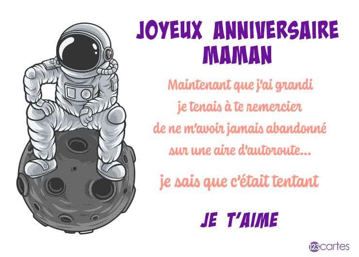 Astronaute assis sur une lune grise avec texte humoristique d’anniversaire en violet et orange pour célébrer maman.