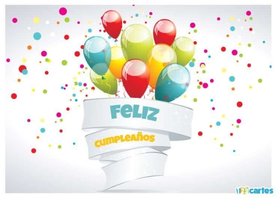 Ballons colorés flottant avec texte en espagnol Feliz Cumpleaños entourés de confettis sur fond blanc festif.