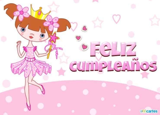 Jolie carte d'anniversaire avec princesse en robe rose et diadème doré, entourée de coeurs et étoiles. Texte en espagnol Feliz Cumpleaños.