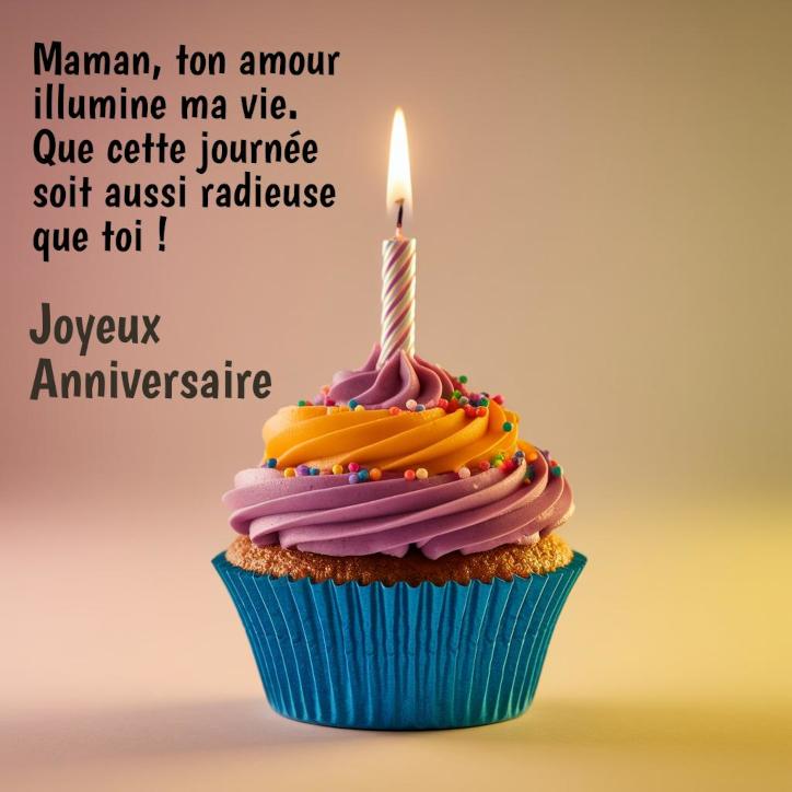 Cupcake avec bougie et le texte : Maman, ton amour illumine ma vie. Que cette journée soit aussi radieuse que toi. Joyeux anniversaire