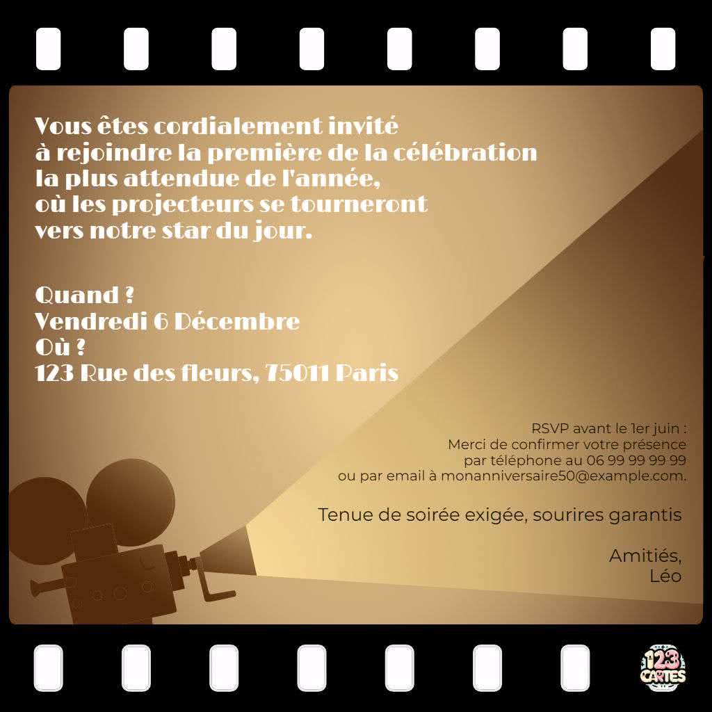 carte d'invitation anniversaire thème cinéma à imprimer gratuite