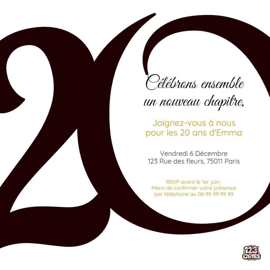 carte invitation anniversaire 20 ans