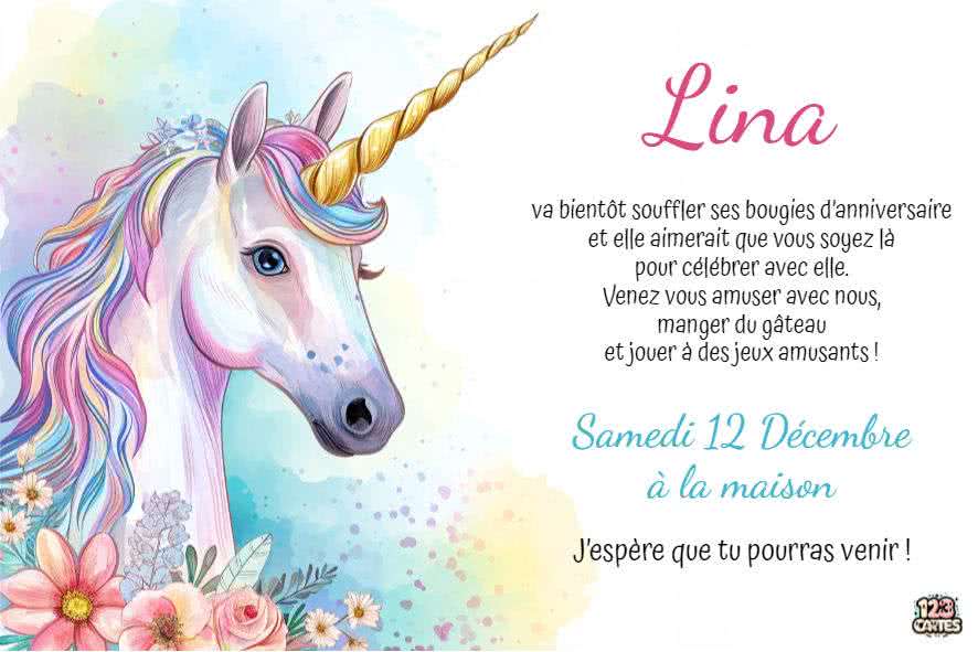 carte d'invitation anniversaire à imprimer licorne