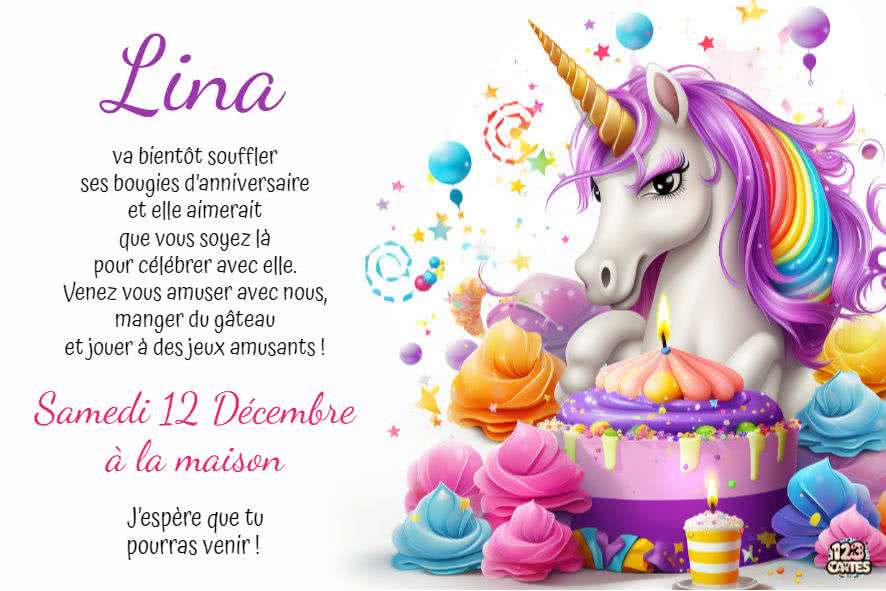 carton d'invitation licorne à imprimer