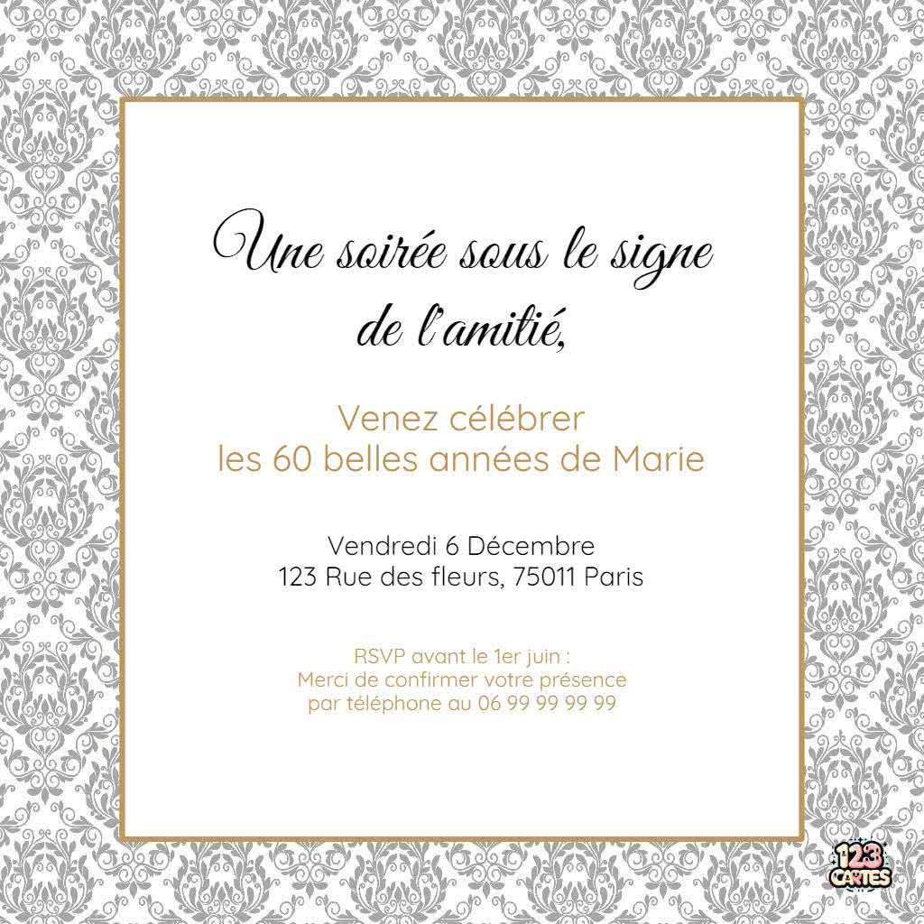 carte invitation anniversaire motif damas à imprimer