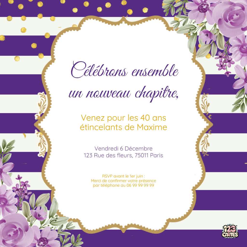 carte d'invitation anniversaire fleurs pourpres à imprimer