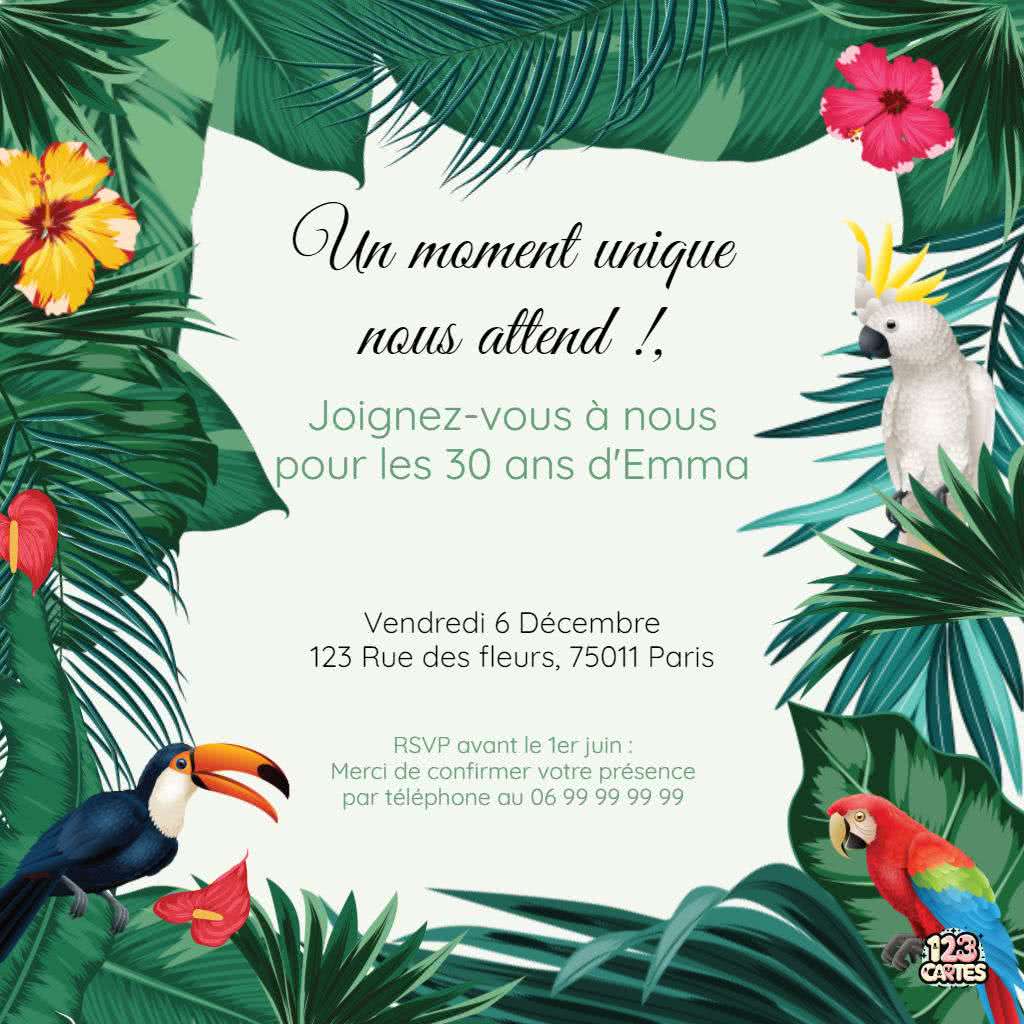 carte invitation anniversaire tropicale à imprimer