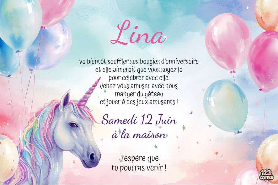 Carte d'invitation anniversaire digitale - licorne