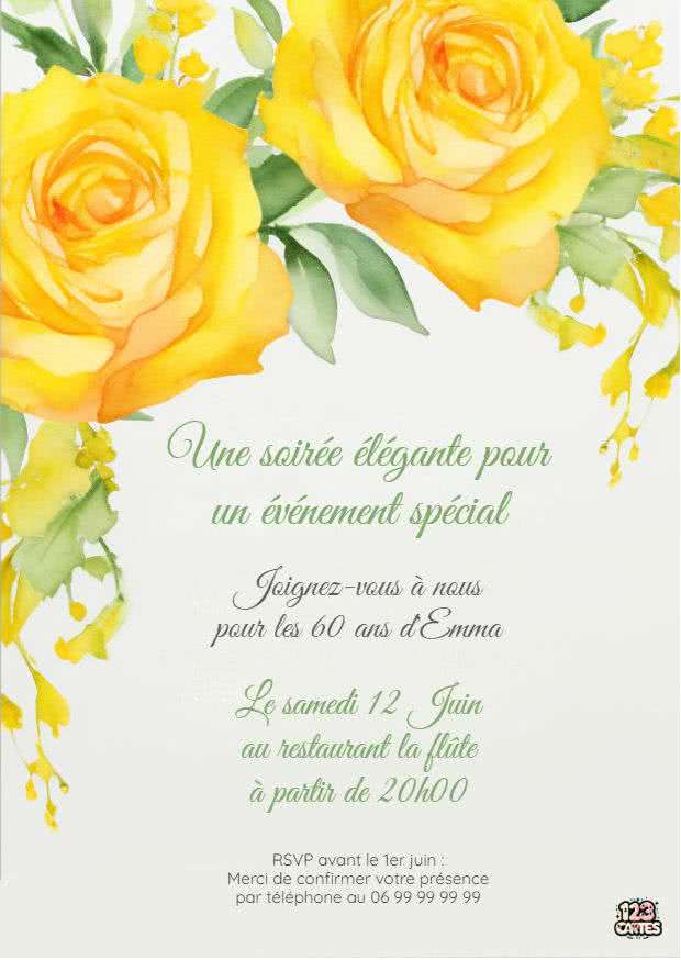 aquarelle rses jaunes fleurs invitation adultes