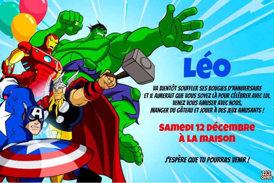 Thor, Capitaine america, ironman, Hulk, les vangers invitation gratuite