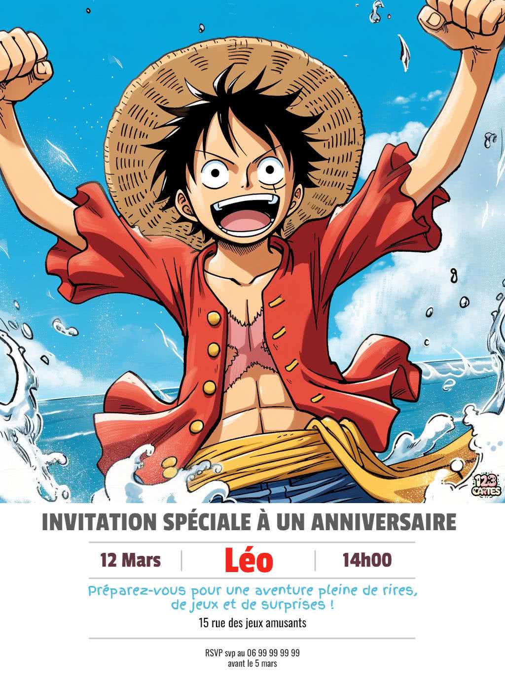 Luffy capitaine pirate, chapeau de pialle, invitation gratuite