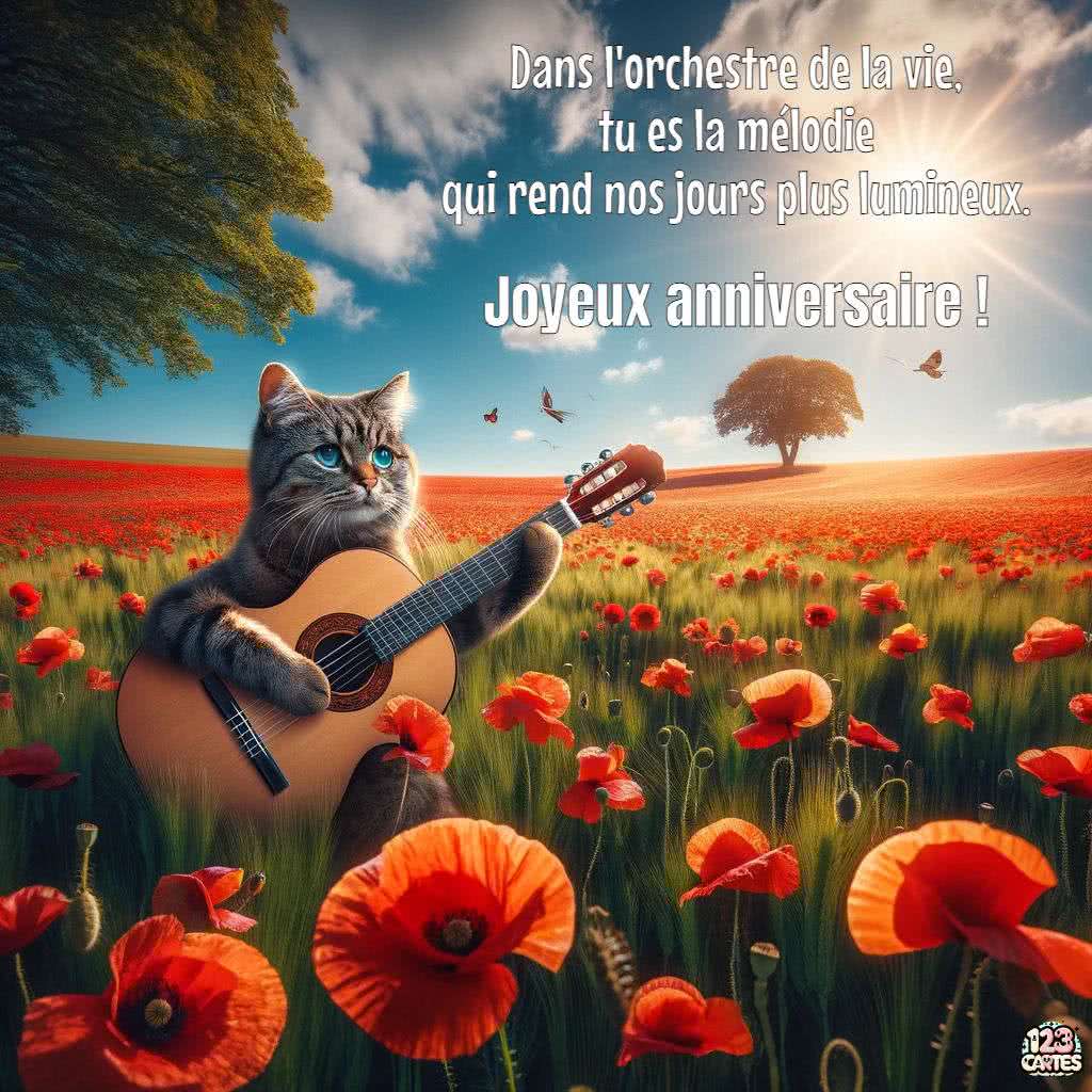 chat joue guitare champs coquelicots image joyeux anniversaire