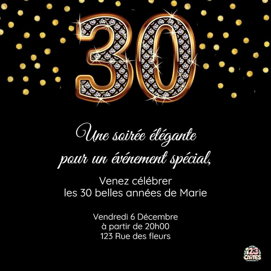 invitation chiffre 30 en or et diamants