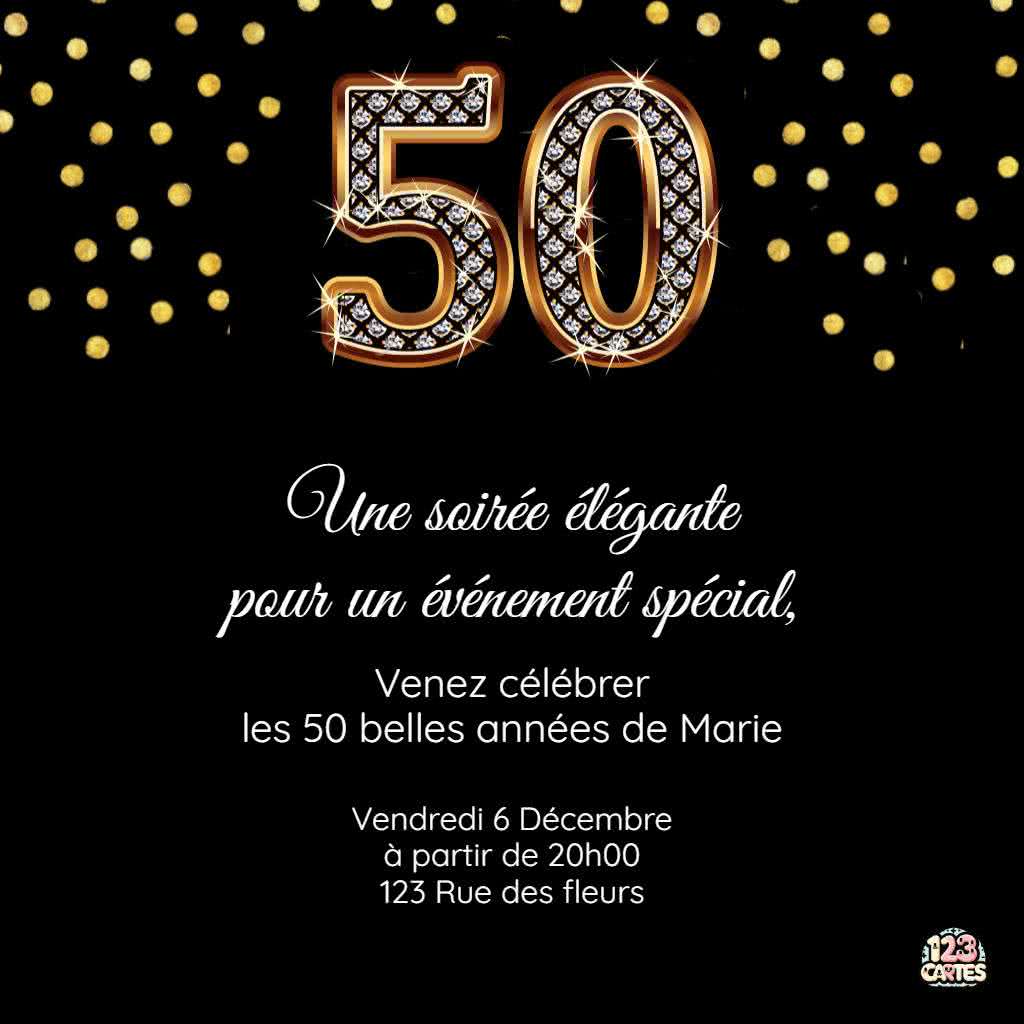 invitation anniversaire chiffre 50 en or et diamants