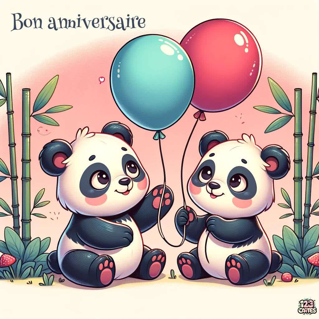 deux pandas, ballons, bambou, joie