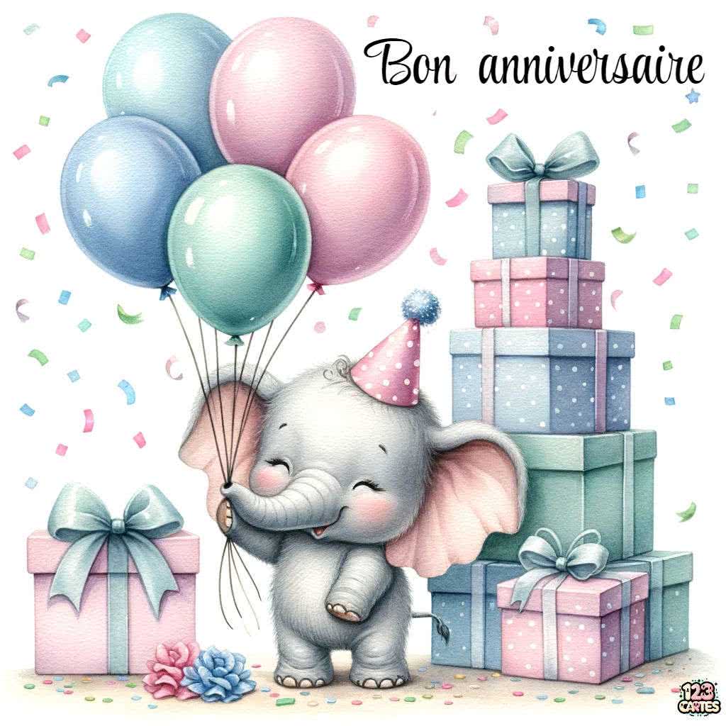 éléphant joyeux, cadeaux, ballons colorés, image anniversaire